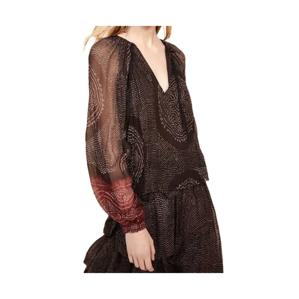Ulla Johnson Pauline Silk Chiffon Peasant Blouse Garnet Shibori NWT Size 6